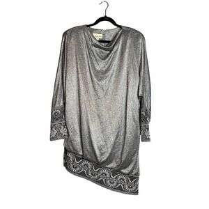 Vintage Damianou Asymmetrical Silver Metallic Dress Size M Party Cocktail Sheath